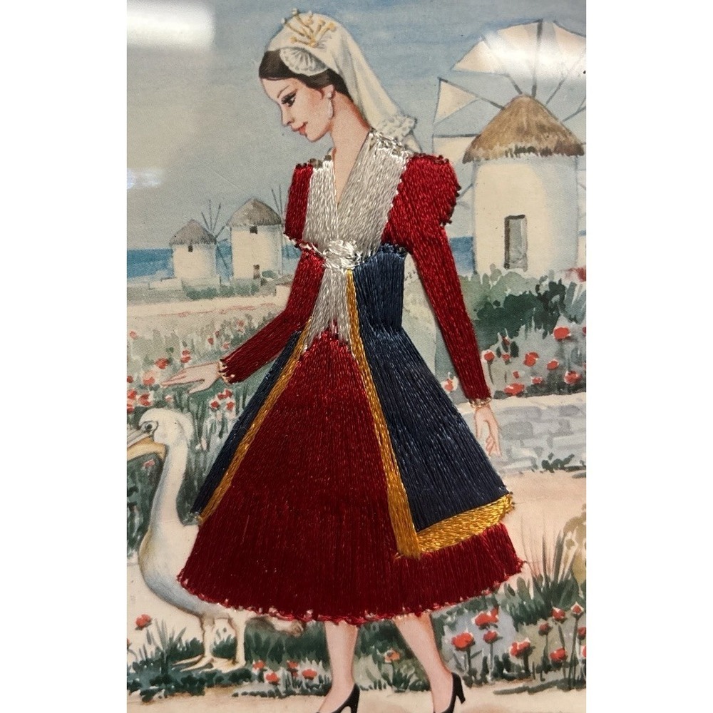 Framed Embroidered Postcard Greece Vintage - Picture 3 of 8